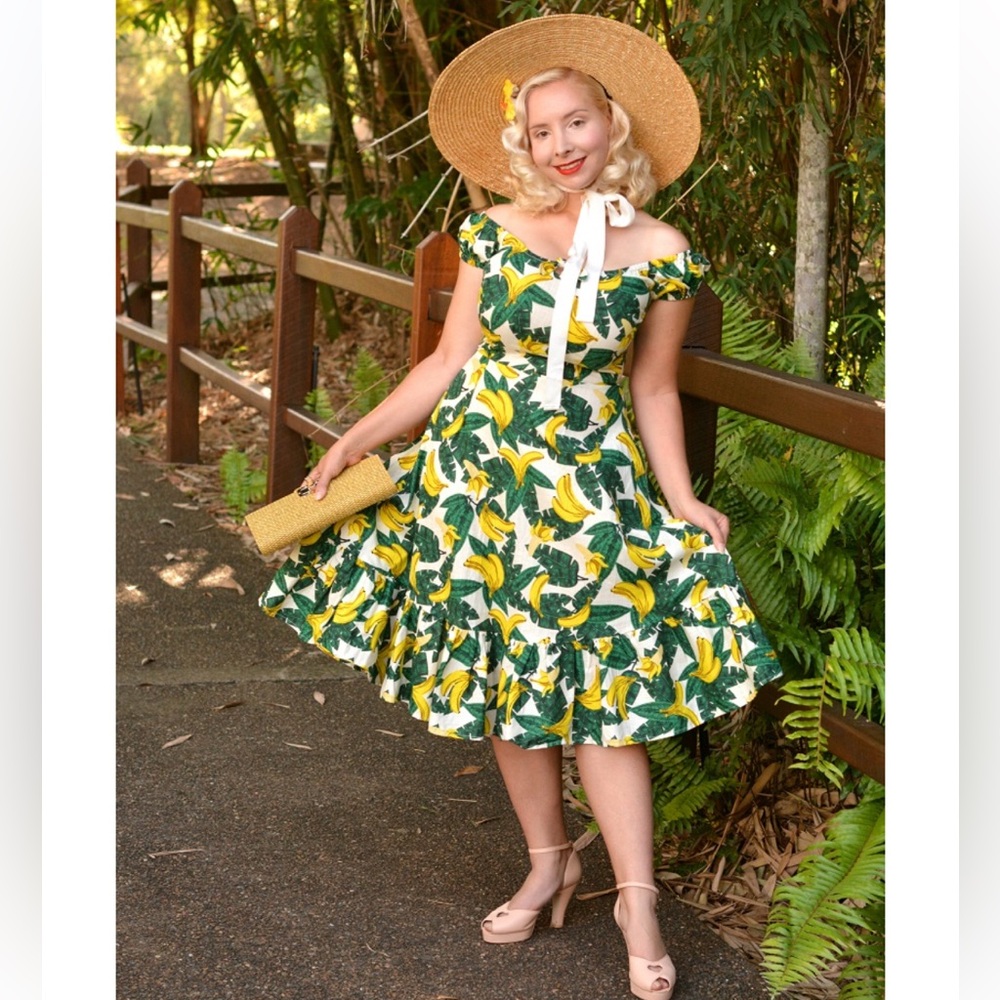 Collectif Mainline Lorena Tropical Banana Swing Dress Sz XL Midi Off Shoulder